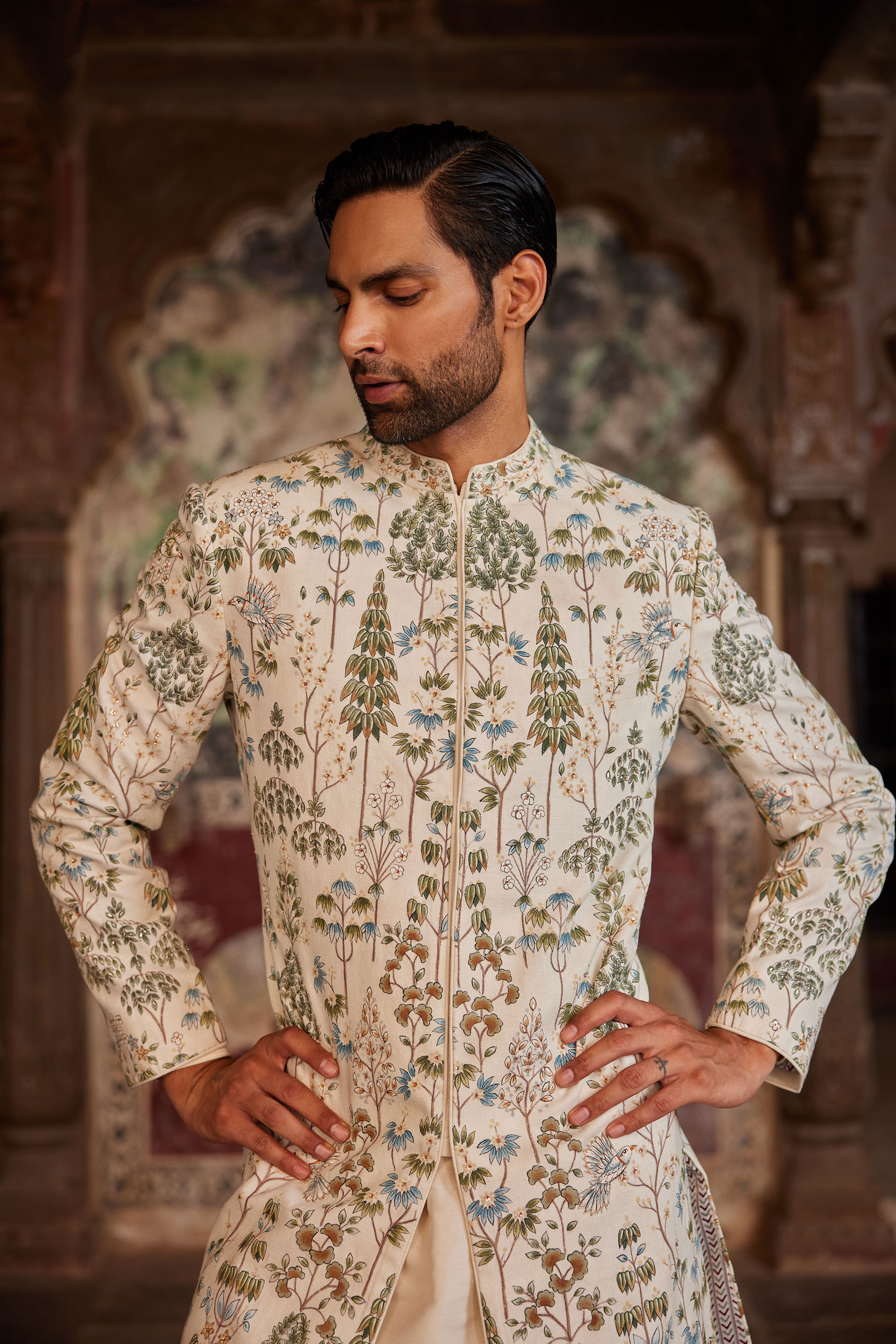 Shahoor Hand-painted Pichhwai Sherwani - Off White, Off White, image 3